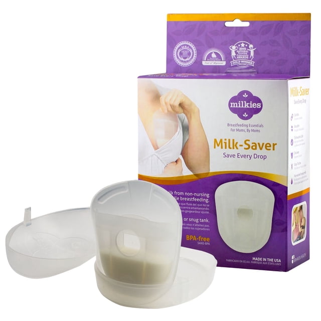 Milkies Collecteur de Lait pour l'Allaitement avec Réservoir en Plastique Blanc Translucide et Étui de Protection, Montré avec Emballage Sans BPA Violet et Blanc, Conçu pour Économiser le Lait du Sein Qui Ne Allaite Pas pendant l'Allaitement Ou en Portant un Réservoir Serré pour une Utilisation Discrète.