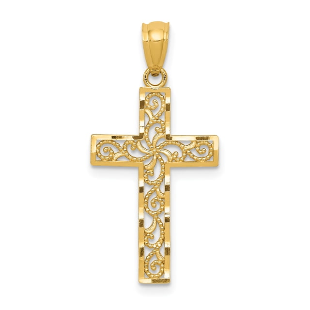 Pendentif Croix en Or Jaune 14K avec un design Moulé Massif et des Détails en Filigrane Complexes. le Pendentif Mesure 27 mm de Longueur et 13 mm de Largeur, Fabriqué en Or Jaune 14K avec une Finition Polie. Convient comme Pièce de Bijoux à Thème, Il Est Livré avec une Boîte-Cadeau pour la Présentation.