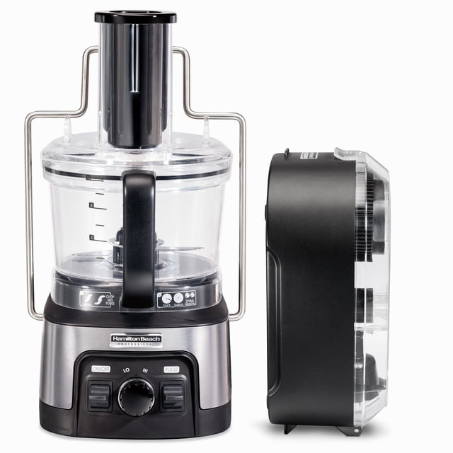 Hamilton Beach Robot Culinaire Stack & Snap™ Professionnel à Spirale avec Bol Transparent Scellé de 12 Tasses, base en Acier Inoxydable et Noire, Panneau de Commande avant avec Marche/arrêt, Cadran Basse/haute Vitesse et Boutons d'Impulsion, plus Goulotte d'Alimentation Extra-Grand, Montré de l'Avant et des Côtés sur Fond Blanc