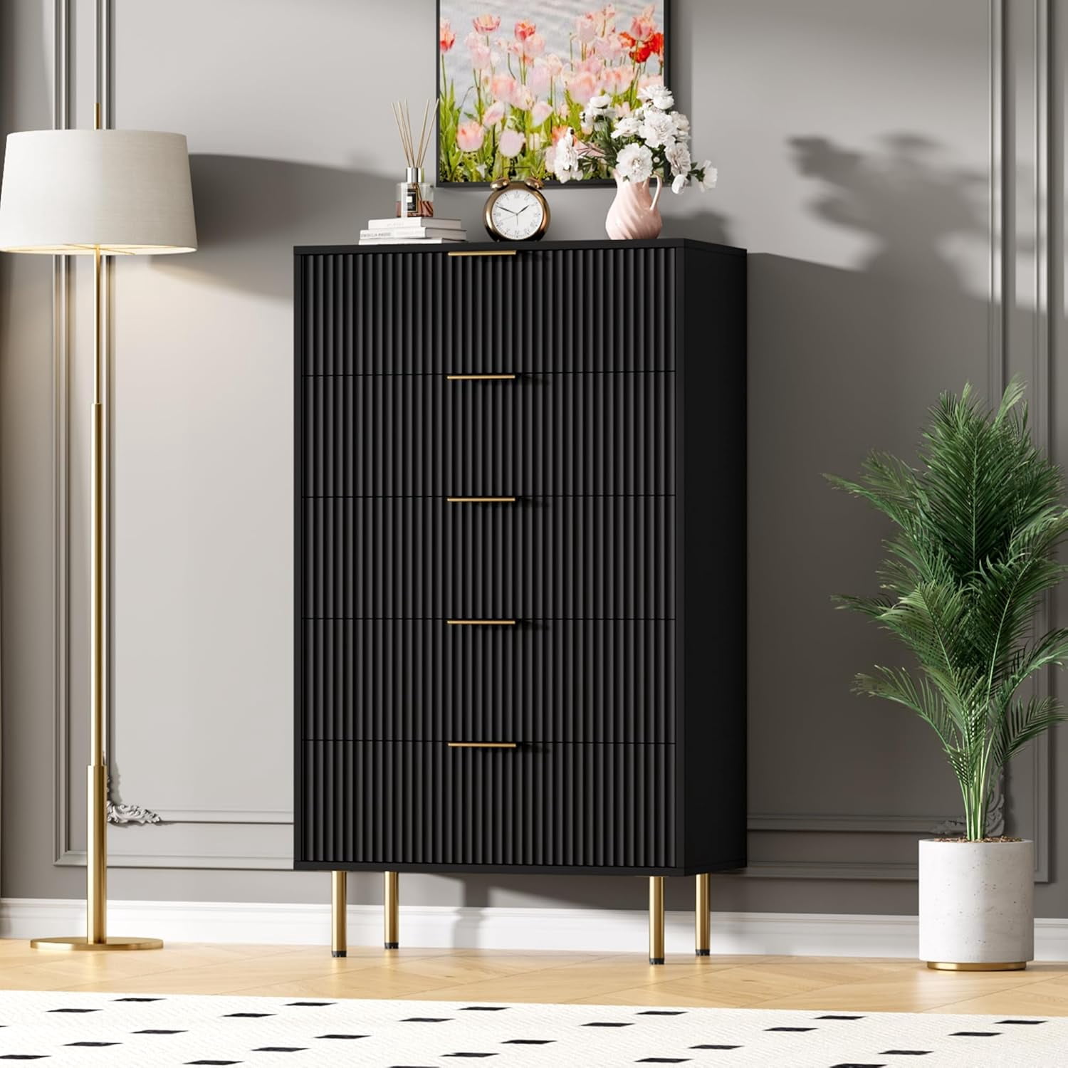 5 Drawer Dresser for Bedroom Chest of Drawers, 27" Wide Fluted Dresser with Drawers, Modern Wooden Dressers with Metal Handles for Living Room, Hallway