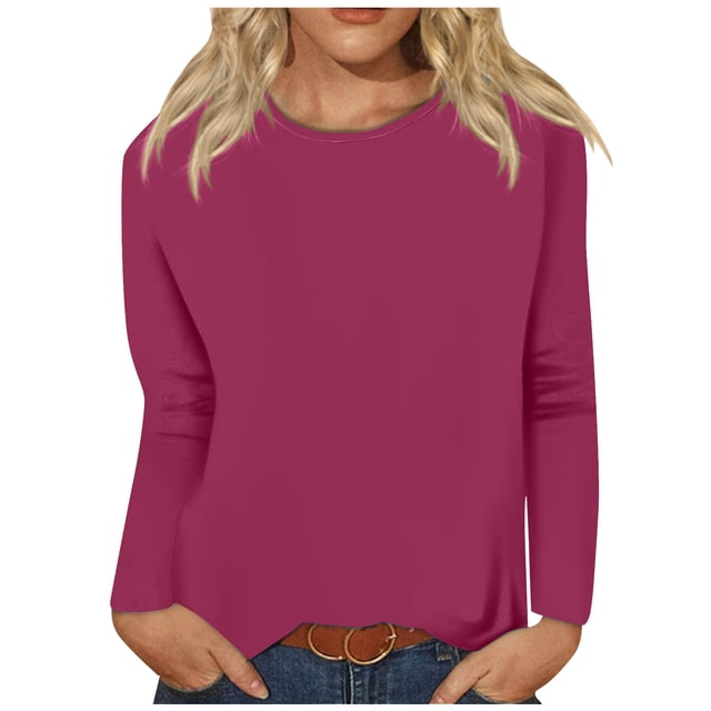 Timegard Womens Tops Long Sleeve Round Neck Solid Color Basic Tee Fall Casual Comfy Loose Tops Blouse