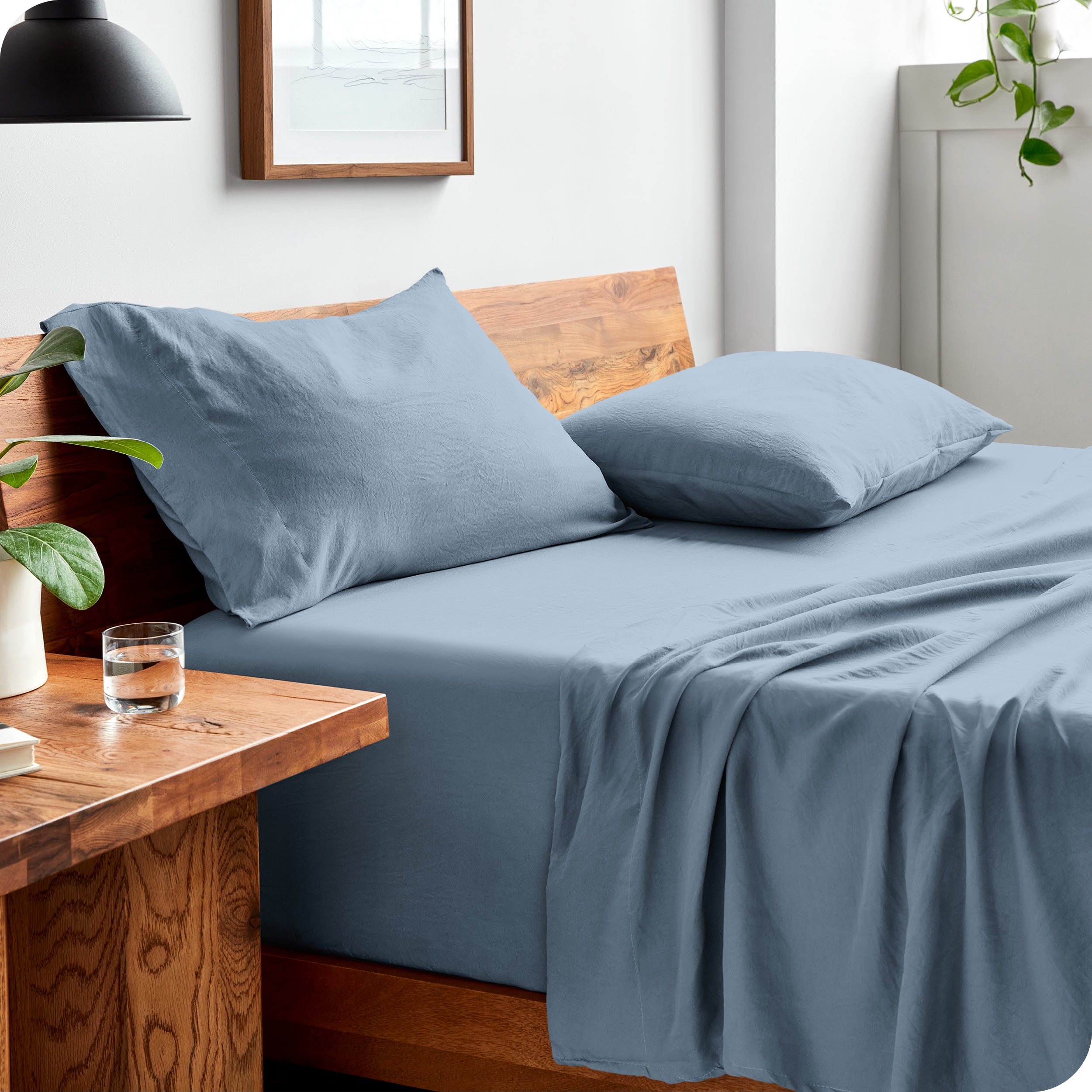 Bare Home Washed Sheet Set - Premium 1800 Collection - Deep Pocket - 4 Piece - Queen, Dusty Blue