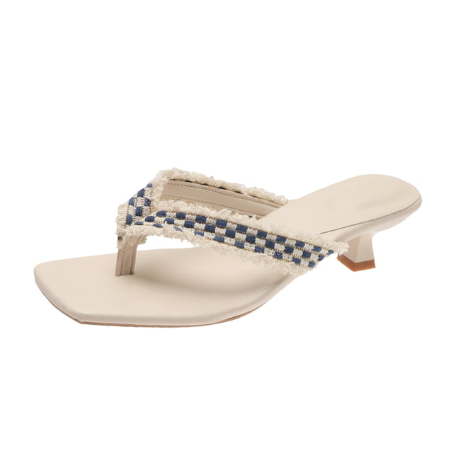 RKSTN Pantoufles pour Femmes à Bout Carré, Chevrons Cousus, Plage, Talon Fin, Talon Moyen, Sandales; Pantoufles pour Femmes Intérieur Extérieur
