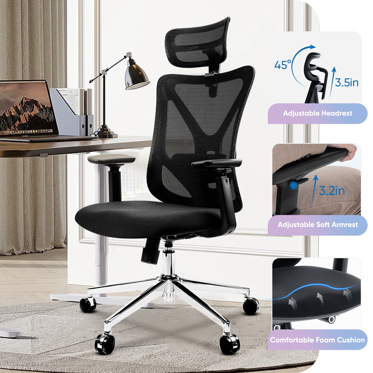 Deli Ergonomic High Back Office Chair , Adjustable Computer Desk Chair with Lumbar Support, 330lb, Black