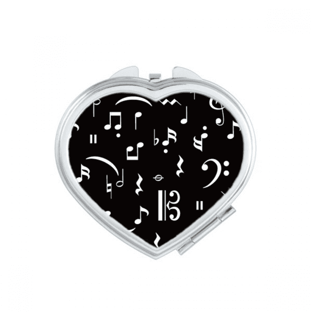 White Music Bar And Notes Black Mirror Heart Portable Hand Pocket Makeup