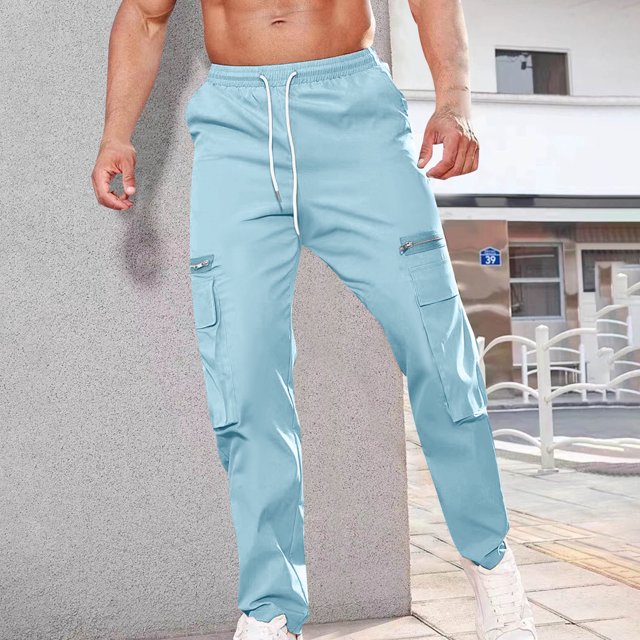 AherBiu Cargo Pants For Men Drawstring Elastic Waisted Straight Leg Swaetpants With Multi Pockets Casual Athletic Workout Trousers