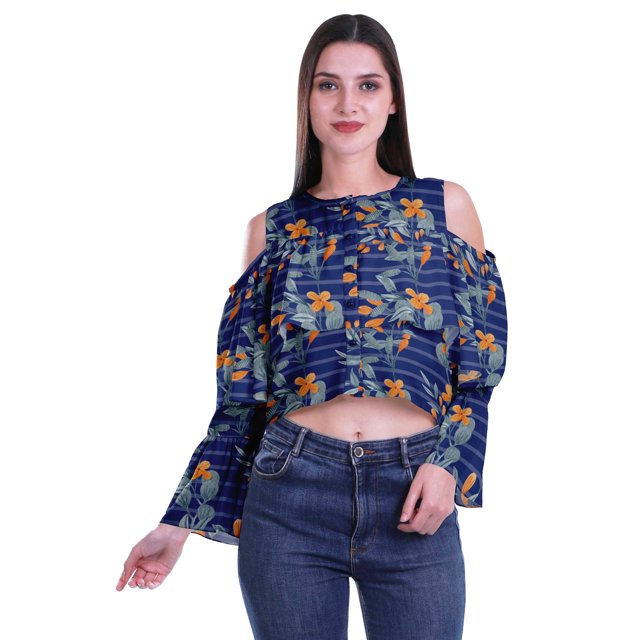 Moomaya Button Front Cold Shoulder Top Printed Casual Loose Blouse Short Top