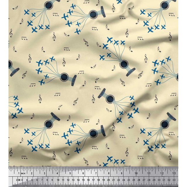 Soimoi Poly Georgette Fabric Airplane,Guitar Wire & Notes Musical Instrument Print Sewing Fabric Yard 42 Inch Wide