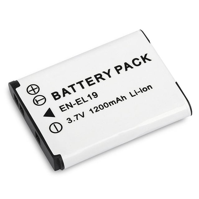 Newly Upgraded Version 3.7V 1200MAH Rechargeable Li-ion Battery Digital Camera Replacement Battery Pack in white, compatible with Nikon EN-EL19 cameras such as COOLPIX S2500, S4100, and S3100. Features a compact size, high energy density, and long battery life, ideal for travel and outdoor use.
