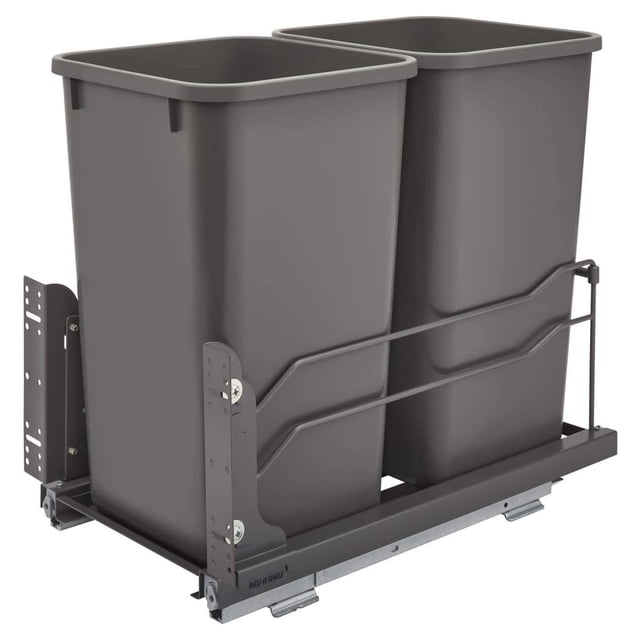 Rev-A-Shelf Double 27 Quart Pullout Soft Close Waste Container in gray, featuring two 27-quart trash bins mounted on a durable powder-coated steel frame with heavy-gauge wire construction. Designed for under-sink installation, it includes full-extension under-mount slides with soft close functionality. Ideal for kitchen organization, it fits cabinets with a minimum opening of 11.5 inches and dimensions of 11.26 inches wide, 22.09 inches deep, and 18.94 inches high.