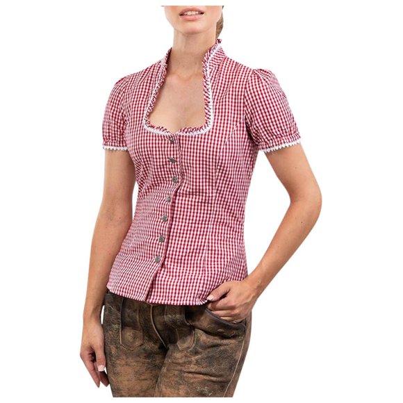 2025 "Robe à Carreaux d'Oktoberfest à Boutons pour Femmes à Manches Longues en Dentelle Col en U T-Shirts Unis pour Femmes Blouse à Manches Courtes Parfaite Chemise Nohow pour Festivals de Bière et Décontracté