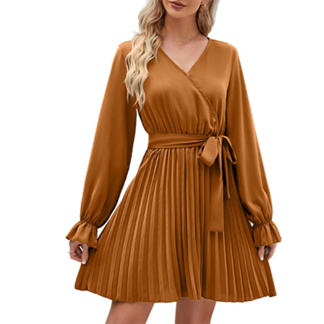 Vente de Liquidation Robes d'Été pour Femmes 2023 Robe à Manches Courtes de Couleur Unie Col en V Midi Évasée Mode Élégante Fête Boîte de Nuit Vacances Plage Bord de Mer Bal de Rentrée Ligne A Ourlet Évasé Robe Plissée