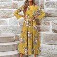 thumbnail image 4 of Ovzne Robes pour Femmes Robe Femme Mode Femme Imprimé Floral Col Rond à Lacets Manches Longues Manches Évasées Taille Rétractable Robe Plissée Robe Grande Taille Robe à Manches Longues Imprimée Liquidation, 4 of 7