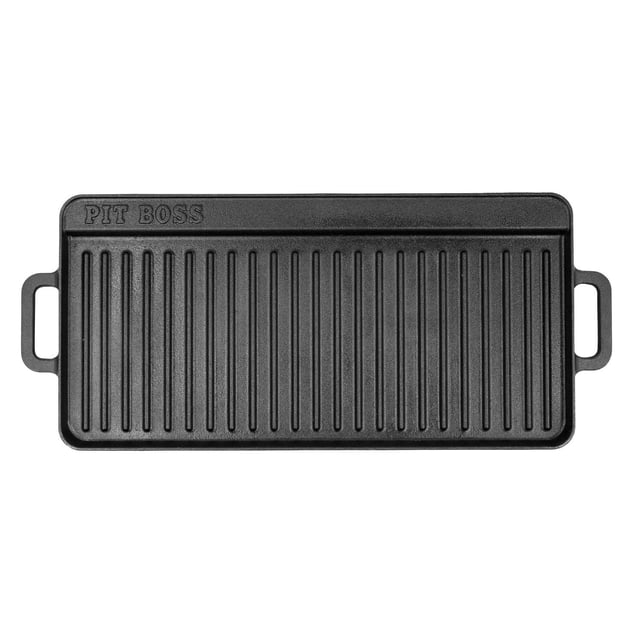 Pit Boss 10x20 2 sided pre-seasoned cast iron griddle with ribbed side, two side handles, and embossed Pit Boss logo, offering a durable non-stick surface for grilling, searing, and sautéing on various heat sources including stovetops and campfires.