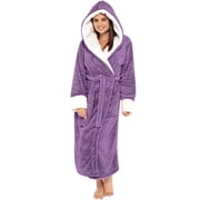 Women's Plush Robe with Hood Winter Warm Long Bathrobe with Belt And Color Block Design, Cozy Fleece House Coat Nightgown by Hontri
