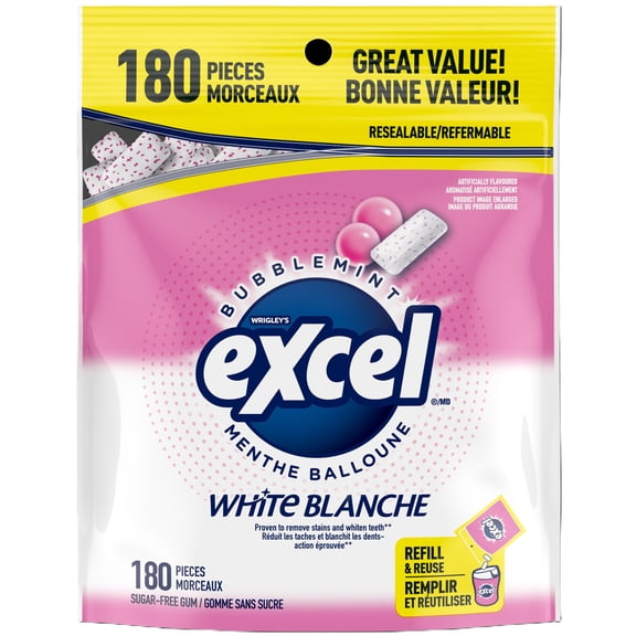 EXCEL, Chewing-gum sans sucre à la menthe blanche, 180 pièces, 1 sachet