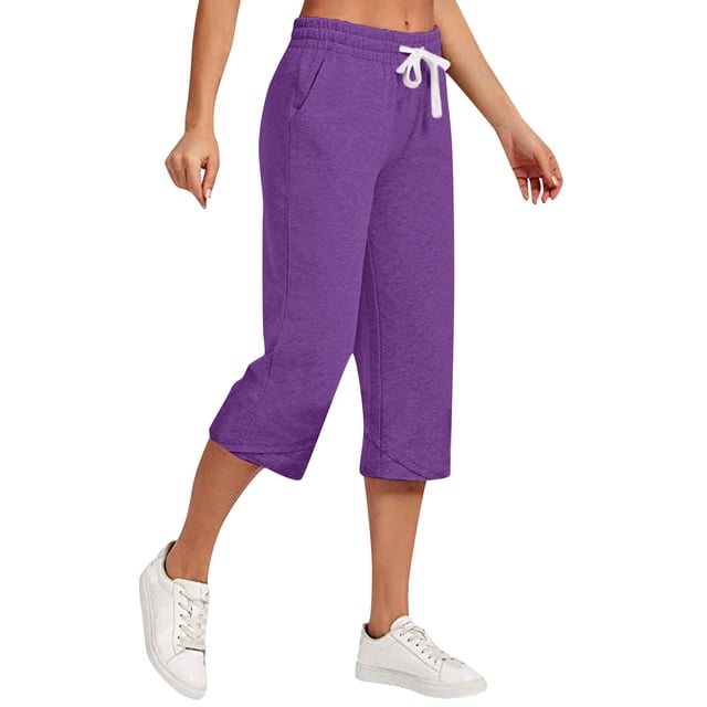 Jsaierl Linen Capri Pants for Women Cotton High Wisted Stretch Drawstring Pants Wide Leg Straight Leg Capri with Pockets Plus Size Capris