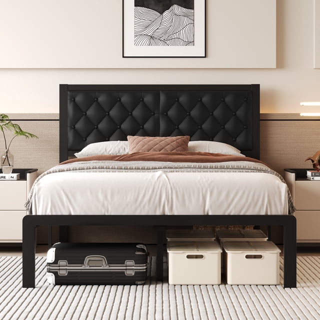 Homall Full Size Bed Frame with Headboard PU Leather Upholstered Bed Frame Platform in black, featuring a tufted PU leather headboard with memory sponge padding for comfort. The all-metal slat platform provides sturdy support without the need for a box spring. Includes 12.6-inch under-bed storage space for organization and easy cleaning. Designed for noise-free use with silenced joints and cotton strips to prevent squeaks. Displayed in a modern bedroom setting with storage bins and a suitcase underneath.