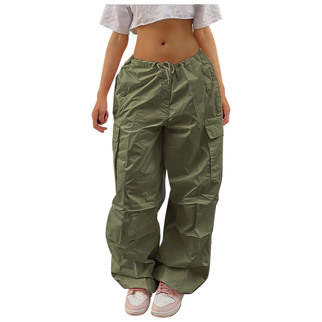 Bmisegm Women's Plus Size Tethered Straight Cargo Pants, Green, L