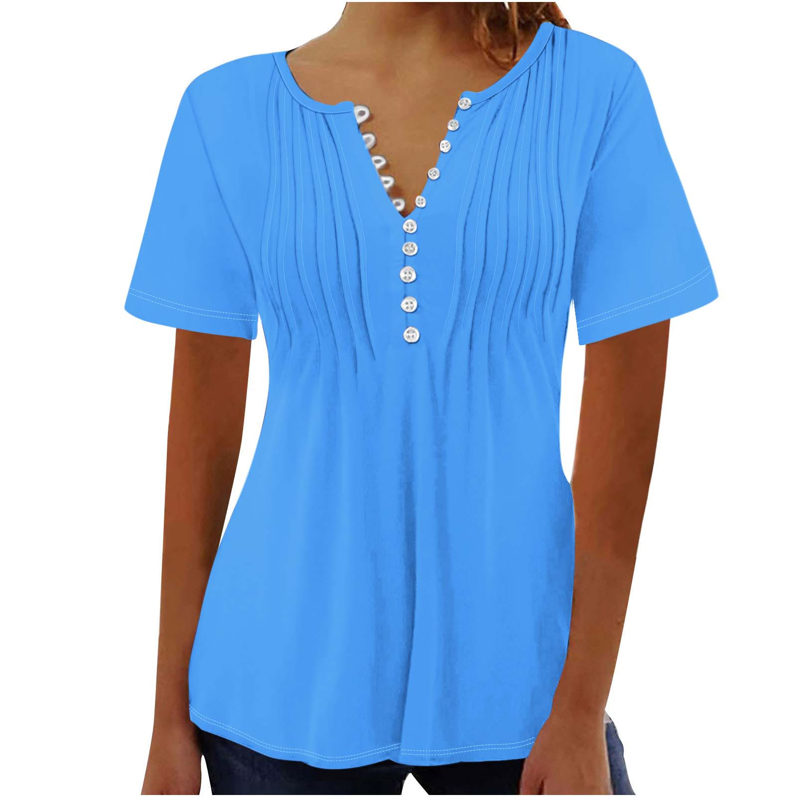 AherBiu Hauts pour Femmes Été à Boutons Col Rond Couleur Unie Froncé Chic Décontracté Tuniques Amples T-Shirts