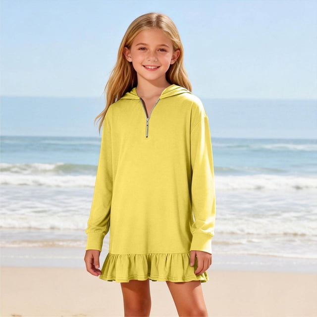 NTACZA Robe Fille à Capuche Mignonne à Manches Longues Robe Chandail Quart de Glissière Ourlet à Volants Robe Mini pour Enfants 4 Ans