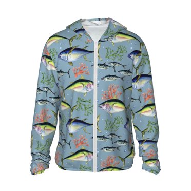 Vsdgher Chandails à Capuchon pour Adultes à Imprimé de Poissons de Mer Sauvages, Maillot Dermoprotecteur pour Hommes Femmes, Chandails de Pêche à Manches Longues avec Protection Solaire pour Course Athlétique Natation - Grand