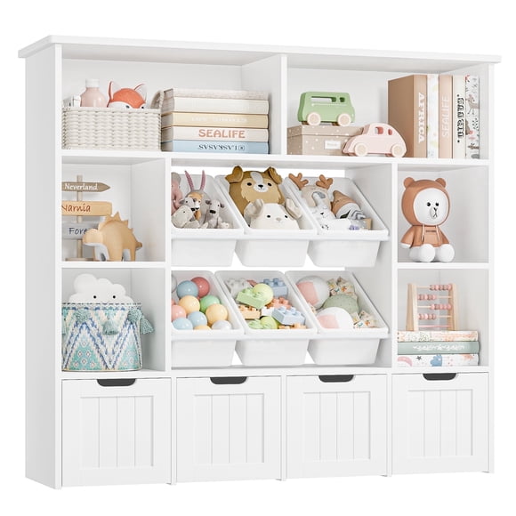 Hiphuta Grande Bibliothèque pour Enfants à 4 Niveaux, Organisateur de Jouets en Bois avec 6 Boîtes et 4 Tiroirs Amovibles, Bibliothèque pour Chambre d'Enfant et Salle de Classe, Blanc