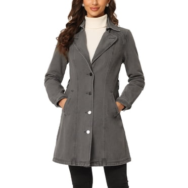 INSPIRE CHIC Veste en Denim Longue pour Femme à Revers Cranté, Manches Longues, Boutonnée, Ceinturée, S Noir Gris