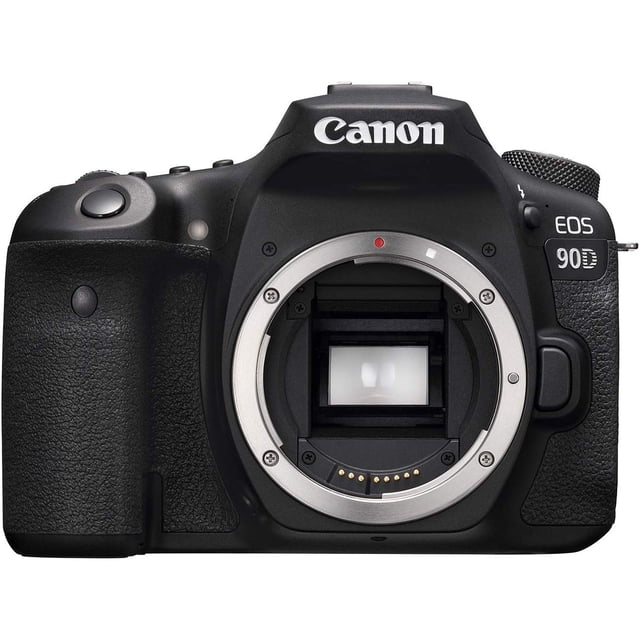 Restored Canon EOS 90D Digital SLR Camera (Body Only) shown in a front-facing view. The camera features a 32.5 Megapixel CMOS (APS-C) sensor, high-speed continuous shooting up to 10 fps, 4K UHD 30P video capability, and an 8-way multi-controller for enhanced control. The body is black with a textured grip and visible Canon branding. Note: This is a brand-new camera in a kit box, and no lens is included.