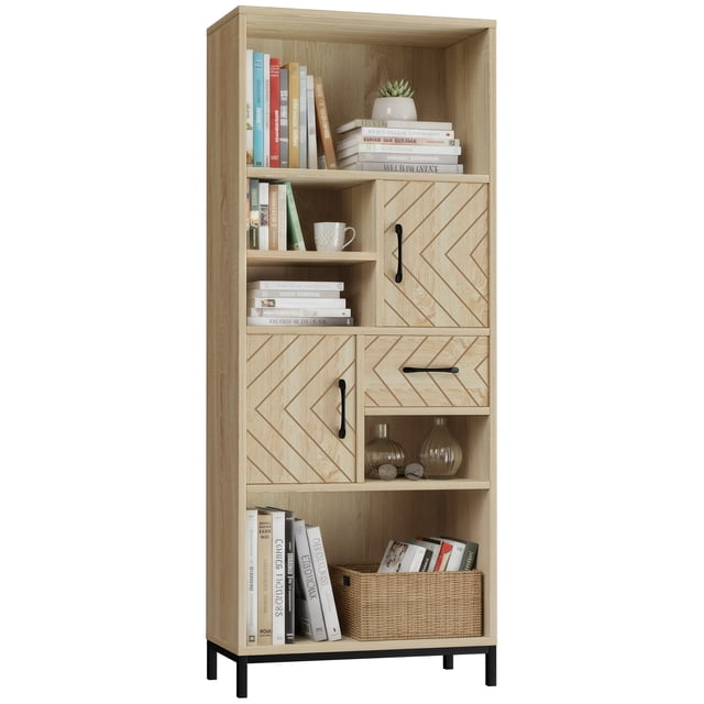 HOMCOM Wooden Bookcase W/ Door Cabinets, Drawer, Freestanding Display Shelf in natural wood finish. Features two large and three small open compartments, two door cabinets with chevron patterns, and a central drawer with metal handles. Compact and freestanding design suitable for living rooms, studies, or bedrooms. Dimensions: 23.5 inches long, 11.75 inches wide, and 59 inches high.