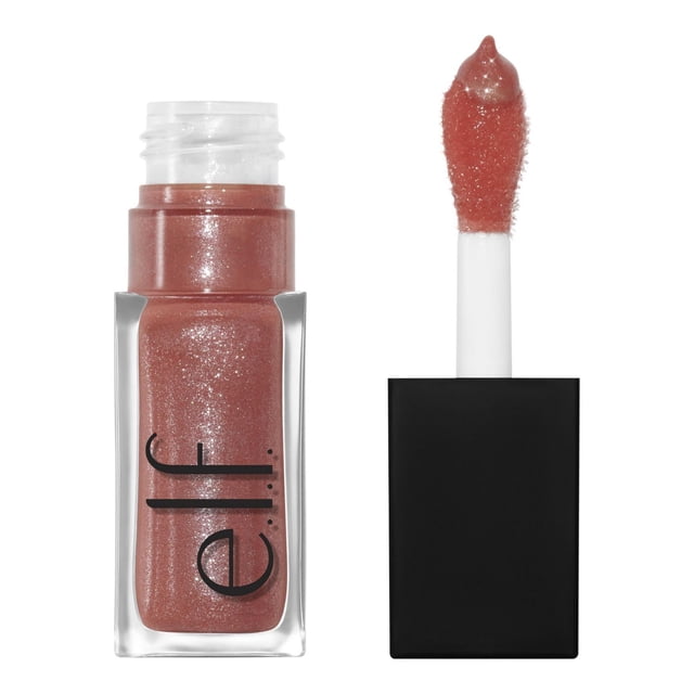 e.l.f. Cosmetics Glow Reviver Lip Oil Glimmer in a clear rectangular bottle with black cap, showing shimmering rose-toned hydrating lip oil and plush oversized cushion applicator with non-sticky glimmering formula, ideal for sheer color and sparkle.