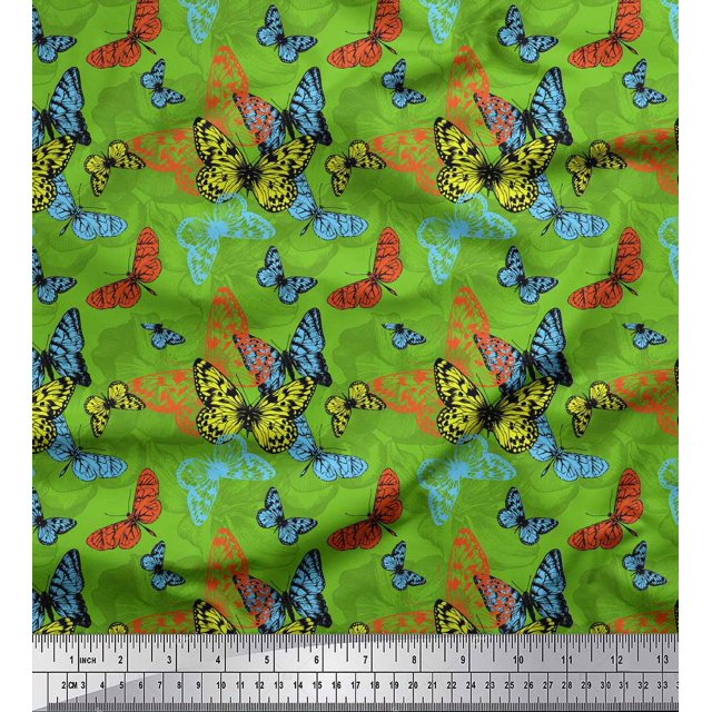 Soimoi Green Silk Fabric Colorful Butterfly Printed Craft Fabric by the Yard 42 Inch Wide