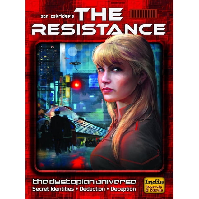 Labymos le Jeu de Déduction Sociale de la Résistance, un Jeu de Société à Thème Dystopique avec une Couverture de Paysage Urbain Vibrante Présentant une architecture Futuriste et des Figurines Ombrées sous des Parapluies. Conçu pour 5 à 10 Joueurs, Il Se Concentre sur les Identités Secrètes, la Déduction et la Tromperie.