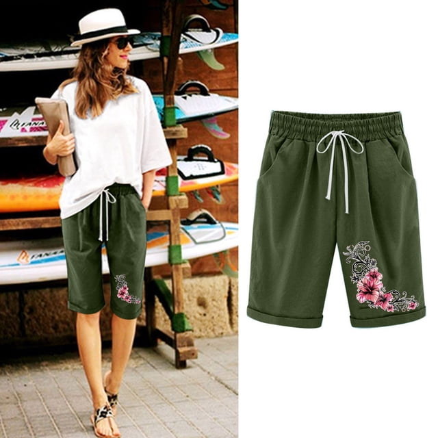 LOVZFMLL Women's Elastic Waist Printing Drawstring Shorts Army Green S