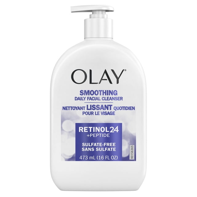 Olay Retinol 24 + Peptide Face Wash in a white 473 mL (16 fl oz) pump bottle, a sulfate-free smoothing daily facial cleanser that hydrates while cleansing to remove dirt and oil, ideal for daily skincare routines.