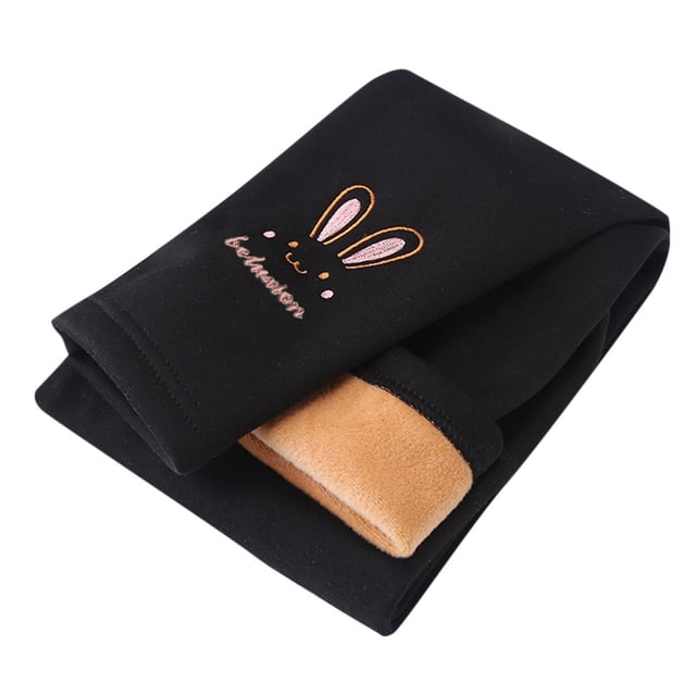 MIASHUI Girls Winter Warm Lined Leggings Embroidered Rabbit Bottoms Soft Stretchy Pants,Black,3-4 Years