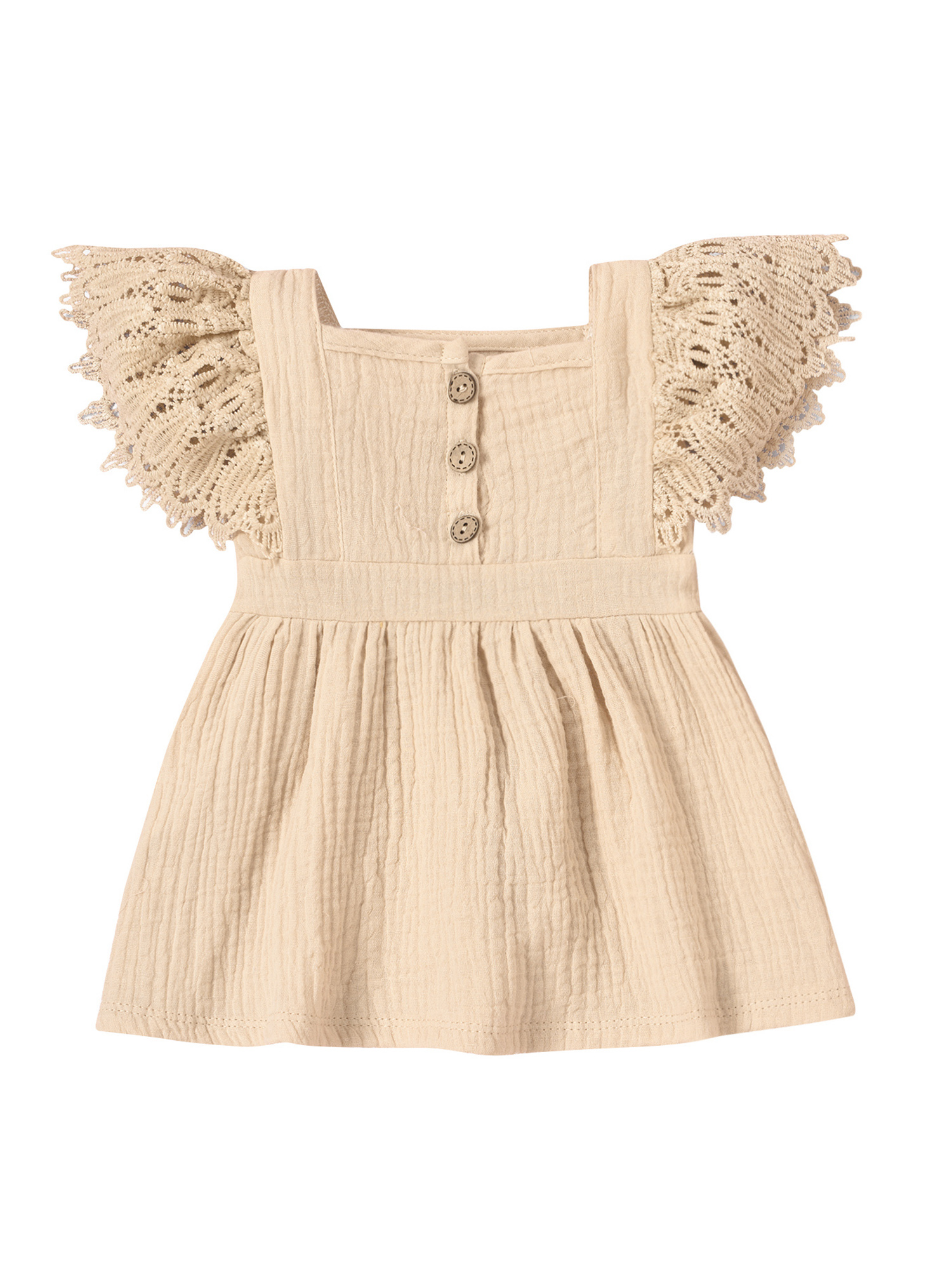 Xingqing 4 Colors Newborn Baby Girls Princess Dress Solid Lace Fly Sleeve Button A-Line Mini Dress