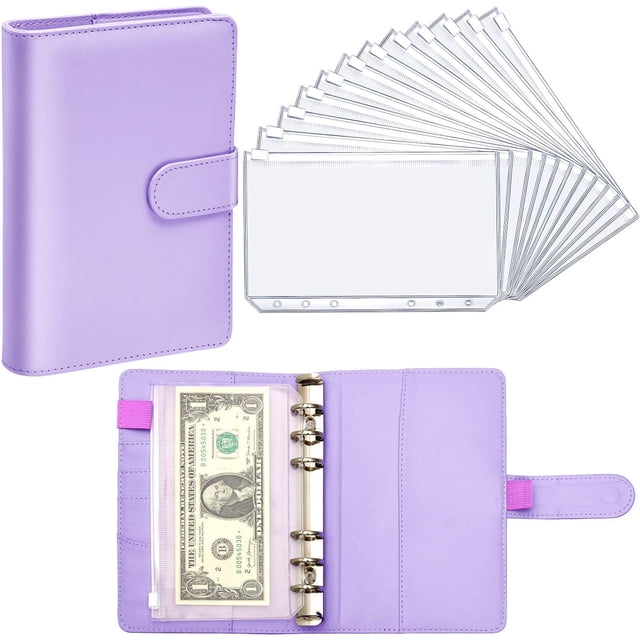 PU Leather Notebook Binder Budget Planner Binder Cover with 12 Pieces Binder Pocket Personal Cash Budget Envelopes System 6 Hole Binder Zipper Folder(Purple)
