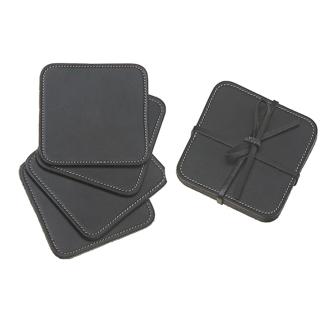4PC Square Genuine Leather Coasters Black set with four black square coasters featuring white contrast stitching, three stacked and one tied with a leather strap, measuring 5 by 5 inches, suitable for protecting dining surfaces from spills and condensation.