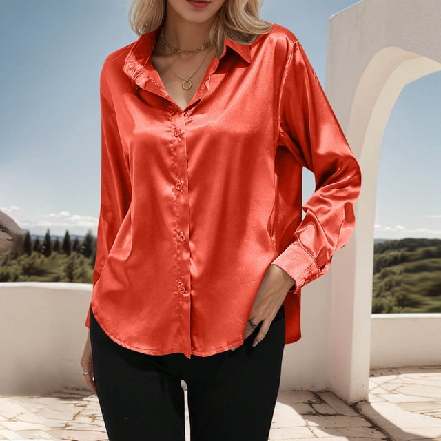 Ladies Tops, Women's Solid Color Long Sleeved Button Turndown Collar Fashionable Top, Birthday Gifts