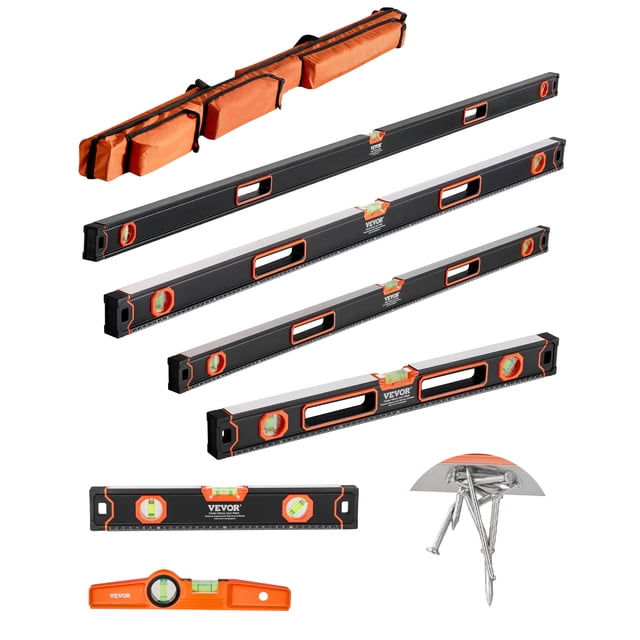 VEVOR 6 PCS Magnetic Torpedo Level set with levels in 78, 48, 32, 24, 16, and 10 inches. Made of durable aluminum, each level features three bubble vials for 45-degree, horizontal, and vertical measurements, and magnetic functionality for secure attachment to metal surfaces. Includes an orange nylon storage bag for portability and organized storage, ideal for layout and measuring tasks.