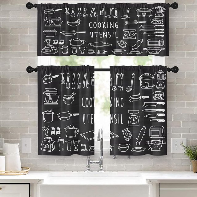 Kitchen Curtains Cooking Utensil Window Curtains and Valances Set 36 Inch, Black Short Tier Curtain for Kitchen, Cartoon Doodle Small Kitchen Decor