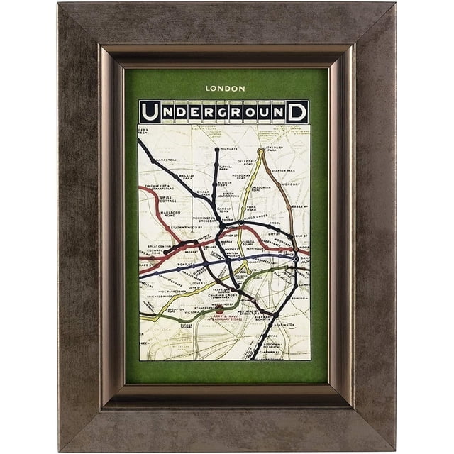 kieragrace Bristol Lewis Photo Frame - 4-Inch by 6-Inch, Antique Bronze featuring a beveled antique bronze resin frame holding a vintage London Underground map print with colored transit lines on a green mat, equipped with sawtooth hangers and an easel back for flexible wall or tabletop display, suitable for home décor and table picture frames.