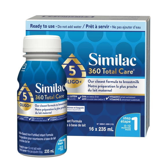 Similac 360 Total Care Step 1, Baby Formula, Infant Formula, blend of 5 oligosaccharides, 16x235mL Ready to Feed Bottles