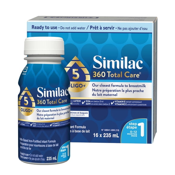 Similac 360 Total Care Step 1, Lait Maternisé, Préparation pour Nourrissons, Mélange de 5 oligosaccharides, 16x235mL Bouteilles Prêtes à Servir