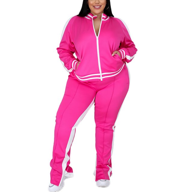 MAWCLOS Women Plus Size Slim Leg Sweatsuits Running Long Sleeve Jacket+Sweatpants Rose Red L