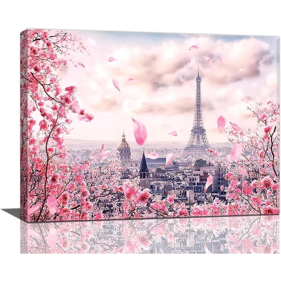 Bathroom Decor Wall Art Pink Cherry Blossom Eiffel Tower Pictures Wall Decor Paris Cityscape Painting Canvas Prints Modern Home Artwork Decor for Girls Room Bedroom Living Room 16"x12"