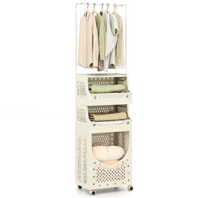 Gymax 4-Tier Laundry Cart w/ Hanging Bar Folding Laundry Hamper w/ Lockable Wheels