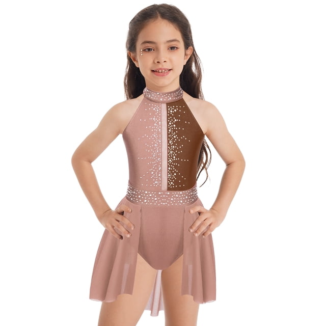 Runhomal Robe de Danse Ballet Sans Manches pour Filles Enfants, Robe de Patinage Artistique, Justaucorps de Gymnastique, Ballerine, Café 10