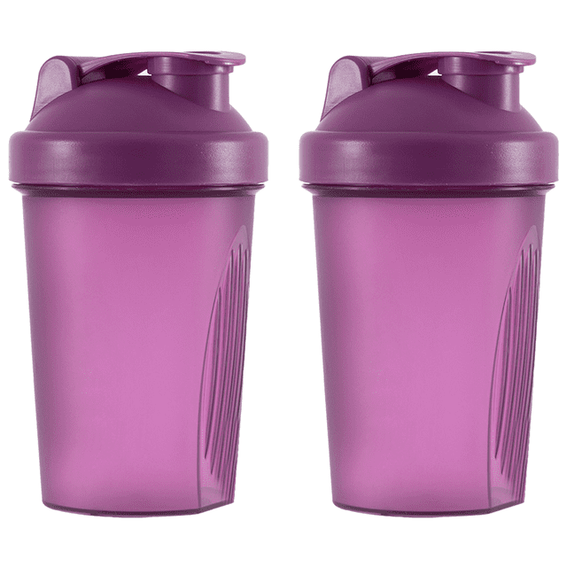 Shaker Bottle Protein Storage for Powder Workout Gym Wire Whisk Balls by Heily, featuring two purple gym shaker bottles with screw-on lids and flip caps for a leak-proof seal. Each bottle includes a stainless steel wire whisk ball for mixing protein shakes, smoothies, and supplements. The wide mouth allows easy addition of mix scoops and liquids, with embossed markings for measuring ounces and milliliters, ideal for workout and gym use.